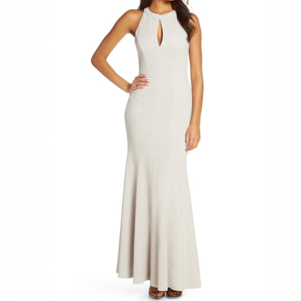 Eliza J Champagne Glitter Knit Trumpet Gown 6